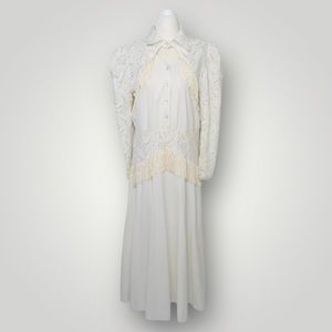 Vintage 80s Lilia Guilty cream white lace fringe western cowgirl midi dress 8